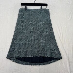 Banana Republic Skirt Womens 4 Teal Tweed A-Line High-Low Fringe Wool Blend Midi